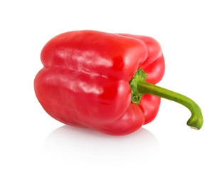 Sweet red bell pepper with green stem isolated on white background with shadow reflection. Red sweet pepper isolated with clipping path.