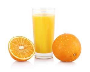 Glass of orange juice with fresh shiny orange slice isolated on white background with shadow reflection and clipping path.