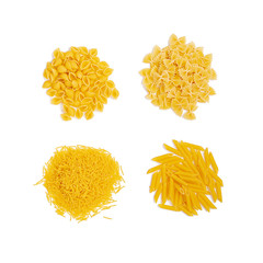 Isolated different pasta on white background. Top view
