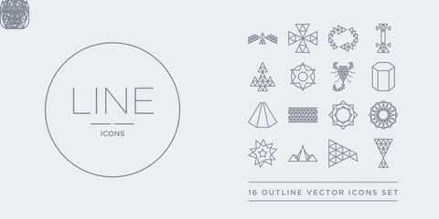 16 line vector icons set such as polygonal martini glass shape, polygonal megaphone, polygonal mountains, multiple stars, ornament contains ornament of hexagons and triangles, ornamental shape of