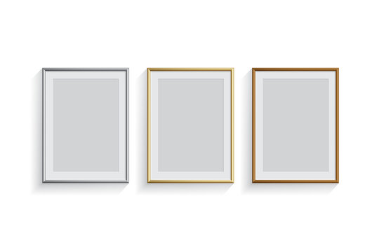Rectangle silver, golden and bronze picture or photo frames set isolated on white background. Vector design elements.