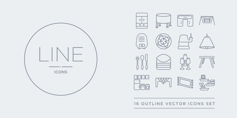 16 line vector icons set such as wall shelves, rugs, table linens, cabinets, card table contains glassware, linens, silverware, lamps. wall shelves, rugs, table linens from furniture and household