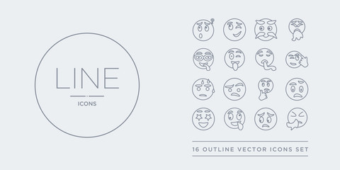 16 line vector icons set such as sneezing emoji, stress emoji, stupid emoji, surprise surprised contains suspect suspicious sweating thinking sneezing stress stupid from outline icons. thin, stroke