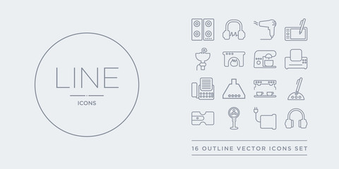 16 line vector icons set such as earphones, electric blanket, electric fan, electric pencil sharpener, electronic contains espresso maker, exhaust hood, fax, fax machine. earphones, blanket, fan