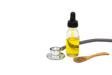 Seeds and hemp oil in glass bottles, Medical marijuana isolated on white background