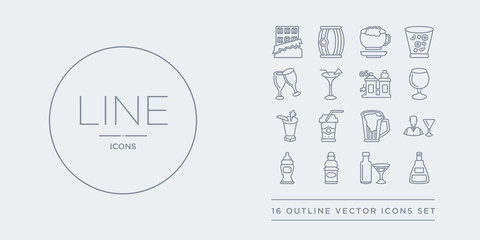16 line vector icons set such as absinthe, alcoholic drink, apple juice, baby bottle, bartender contains beer mug, beverage, bloody mary, brandy glass. absinthe, alcoholic drink, apple juice from