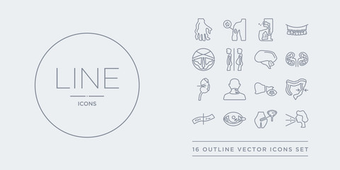 16 line vector icons set such as influenza, interstitial cystitis, iritis, iron-deficiency anemia, irritable bowel syndrome contains jaundice, keloids, kidney disease (chronic kidney disease),