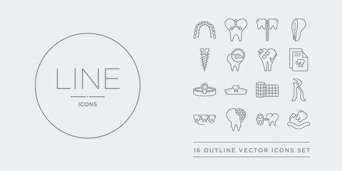 16 line vector icons set such as extraction, fake tooth, filler, floss, forceps of dentist tools contains gauze, gum, headlamp, health report. extraction, fake tooth, filler from dentist outline