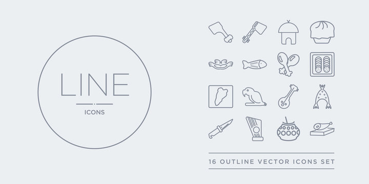 16 line vector icons set such as jam?n serrano, kalabas, kankles, knife in sheath, kokoshnik contains kora, macaw on a branch, maletsunyane, mantecados. jam?n serrano, kalabas, kankles from spanish