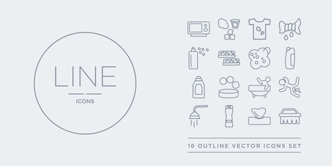 16 line vector icons set such as scrub brush, serviette, shampoo, shower head, slippery contains soak, soap, softener, solvent. scrub brush, serviette, shampoo from cleaning outline icons. thin,