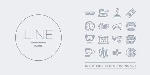 16 line vector icons set such as car disc brake, car distributor, car distributor cap, door, engine contains exhaust, fan, fan belt, fascia (british). disc brake, distributor, cap from parts outline