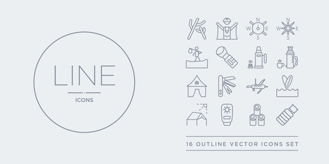 16 line vector icons set such as sleeping bag, stump, sun lotion, sun protection, surfing contains swiss army knife, swiss knife, tent, thermo. sleeping bag, stump, sun lotion from camping outline