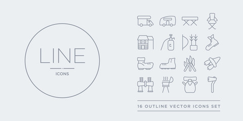 16 line vector icons set such as axes, backpack, barbecue, binocular, binoculars contains bonfire, boot, boots, boots shoes. axes, backpack, barbecue from camping outline icons. thin, stroke