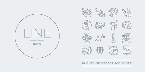 16 line vector icons set such as generator, half moon, jet pack, jupiter, lander contains liftoff, lyra constellation, magnetic field, magnitude. generator, half moon, jet pack from astronomy © t-vector-icons