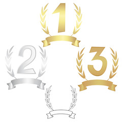 Signs of the winners. Set first, second, third place with ribbons and wreaths. Vector isolated on white background.