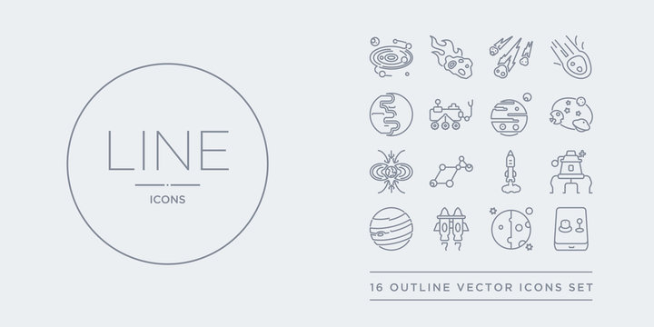 16 line vector icons set such as generator, half moon, jet pack, jupiter, lander contains liftoff, lyra constellation, magnetic field, magnitude. generator, half moon, jet pack from astronomy