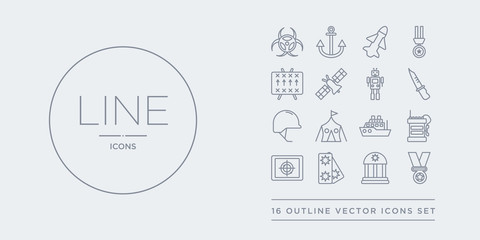 16 line vector icons set such as lieutenant, medal, militar antique building, militar in, militar radar contains radio, ship, tent, military helmet. lieutenant, medal, antique building from army