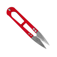 Red thread trimming scissors on an isolated white background