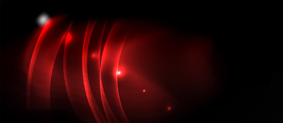 Dark background with neon color waves, vector template