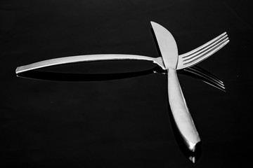 Knife and fork with mirroring only the head with tines in silver metallic