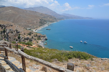 Naklejka premium Greece Crete landscape mountains road panorama sea shore sun beach