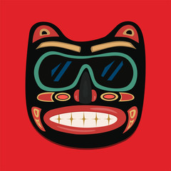  African mask on a red background. Vector graphics.