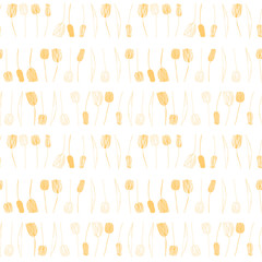 Vector floral seamless pattern with hand drawn tulips. Background with pastel colored flowers and leaves outlines.
