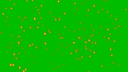 Burning red hot sparks rise from large fire. Backdrop of bonfire, light and life. 3D illustration of fiery orange and red glowing flying ember particles on green screen for keying in 4k