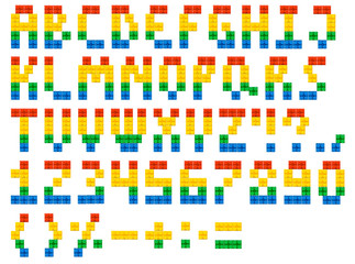 Alphabet latin Letters from colorful plastic brick block constructor on white. Regular uppercase and number. Modern Lettering design. Set. Mosaic font for poster, logo