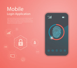 Vector Media technology illustration with mobile phone and icons.Login Application with finger print Form Window.Vector EPS 10.