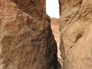 Canyon in the mountain oasis of Chebika in the sandy Sahara desert, blue sky, Tunisia, Africa.