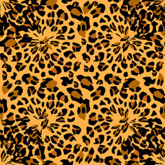 Leopard pattern. Seamless vector print. Realistic animal texture. Black and yellow spots on a beige background. Abstract repeating pattern - leopard skin imitation can be painted on clothes or fabric.