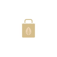 brown empty grocery paper bag with leaf. flat icon isolated on white. vector illustration.