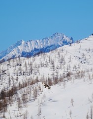 View of the Italian Alps on a sunny day near the town of Macugnaga - April 2019