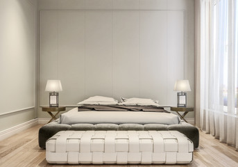 Modern interior design of master bedroom, king size bed with bed sheets, wooden flooring and classic style gray walls with decorative moldings, 3d rendering