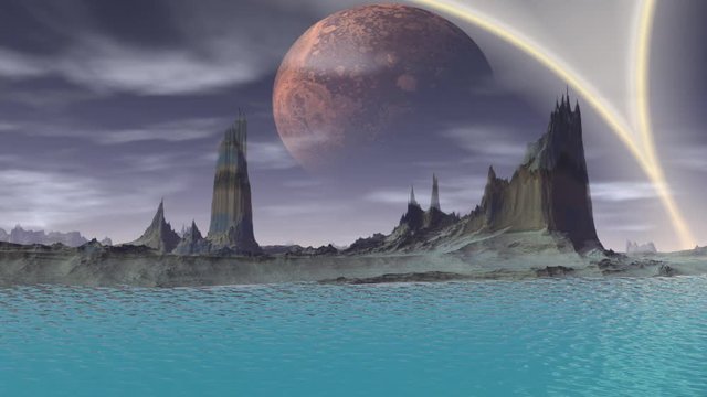 Fantasy alien planet. Mountain and water. Animation. Panorama. 4K