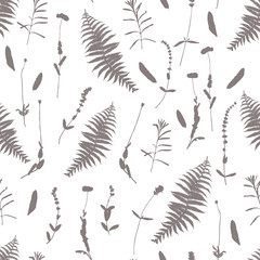 Floral background. Vector seamless pattern with hand - drawn poppies, lavender flowers  and fern leaves.