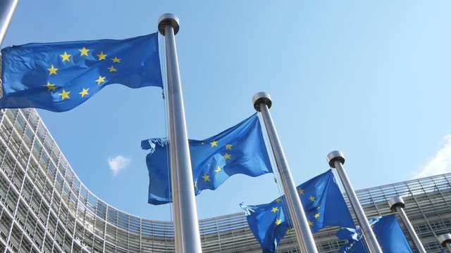 Glorious EU flags flying at the European Parliament in spring in slow motion 