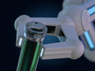Test tube in robot arm. robot manipulates chemical tubes. 3D - Powered by Adobe