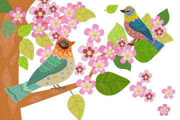 fancy birds on branch of blossom tree