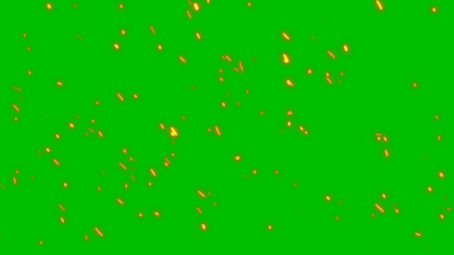 Burning red hot sparks rise from large fire seamless loop. Backdrop of bonfire, light and life. 3D animation of fiery orange glowing flying ember particles on green screen for keying in 4k