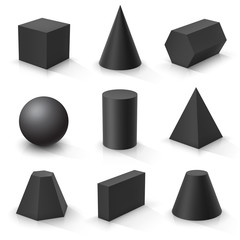 Set of basic 3d shapes. Black geometric solids on a white background