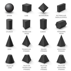 Set of basic 3d shapes. Black geometric solids on a white background