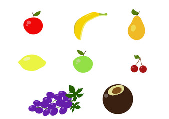  apple, banana, coconut, grapes, pear, cherry, lemon on a white background