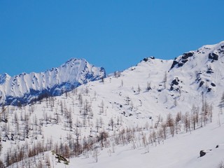 View of the Italian Alps on a sunny day near the town of Macugnaga - April 2019