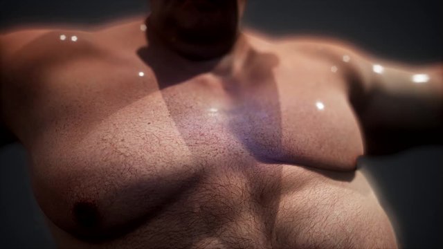 The smell of sweat. fat guy without a shirt