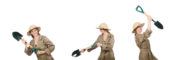 Woman wearing safari hat on white