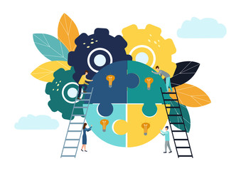 Business concept Team metaphor. People connecting puzzle elements. Vector illustration flat design style. Symbol of teamwork, cooperation, partnership. People combine ideas.