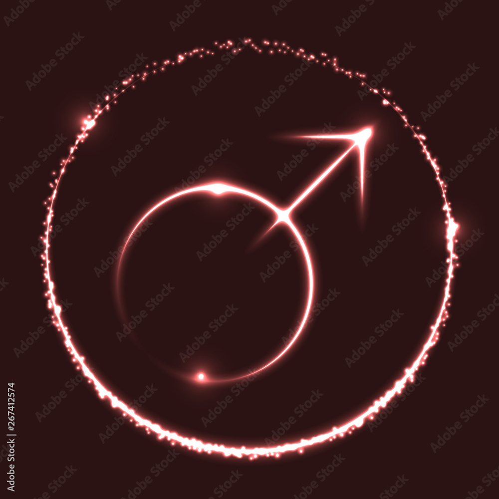 Sticker vector abstract shiny astrological sign of mars planet and crescent moon on dark red background. ill