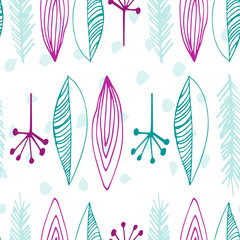 Fototapeta na wymiar Beautiful vector seamless pattern in simple scandinavian style. Abstract hand drawn feather shapes in pink and teal blue colors on white. Repeating wallpaper. Trendy background design.